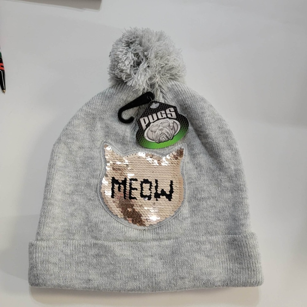 Pugs Toboggan Pom Pom Knit Beanie Gray Meow Sequin Cat Hat One Size